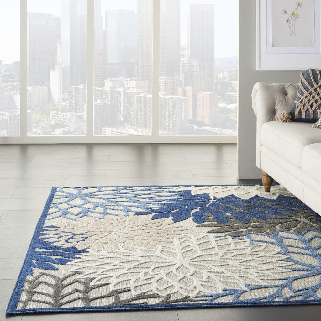 3' X 4' Blue And Gray Floral Indoor Outdoor Area Rug