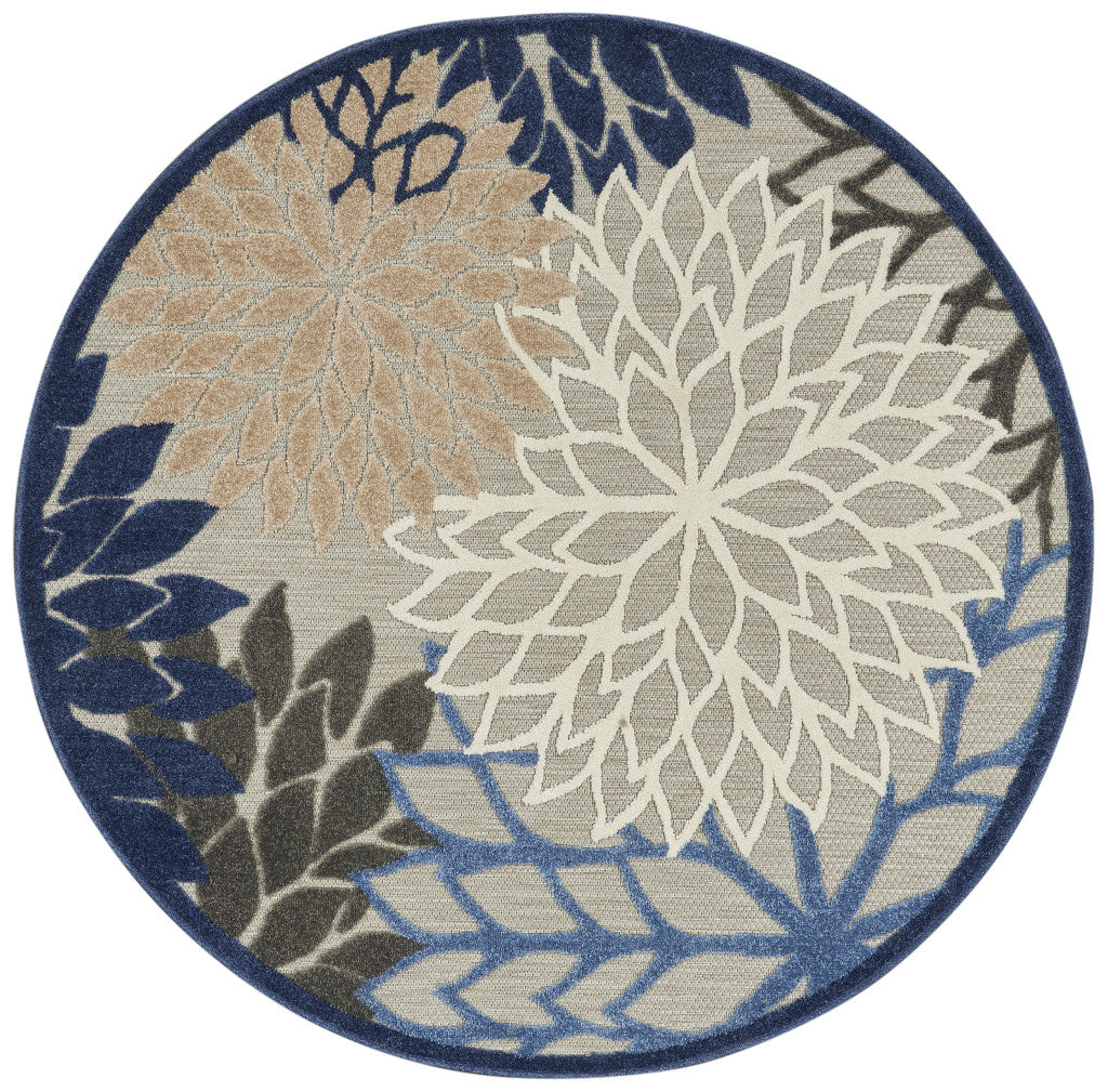 5' Round Blue And Gray Round Floral Indoor Outdoor Area Rug