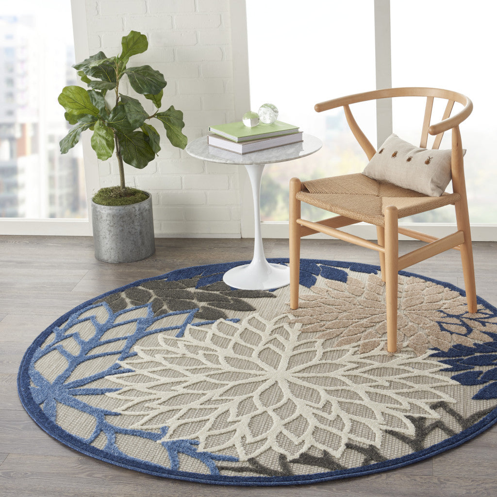 5' Round Blue And Gray Round Floral Indoor Outdoor Area Rug