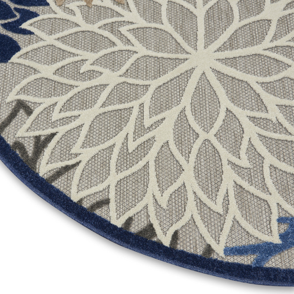 5' Round Blue And Gray Round Floral Indoor Outdoor Area Rug