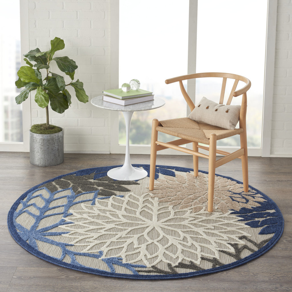 5' Round Blue And Gray Round Floral Indoor Outdoor Area Rug