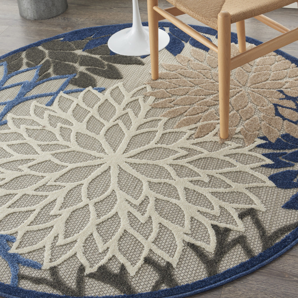 5' Round Blue And Gray Round Floral Indoor Outdoor Area Rug