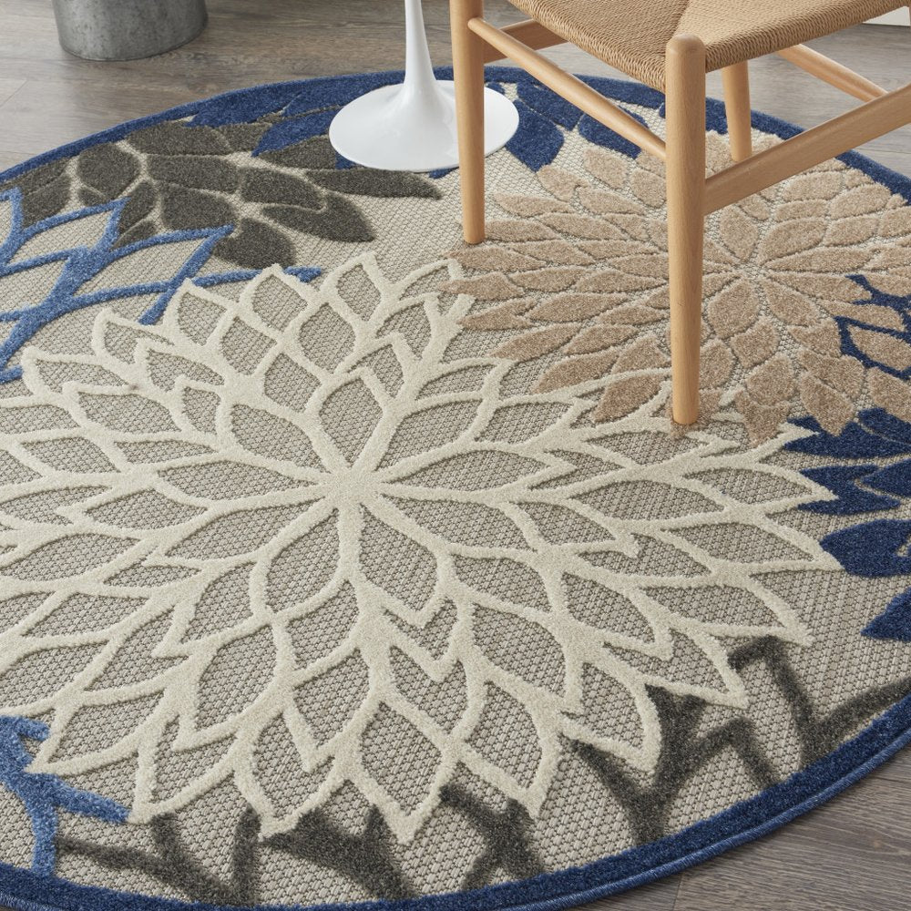 5' Blue And Gray Round Indoor Outdoor Area Rug