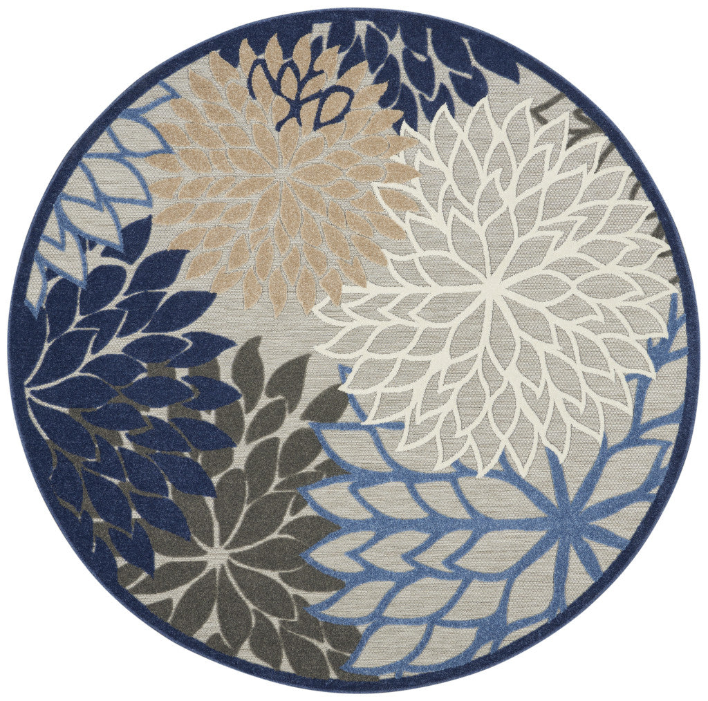 5' Round Blue And Gray Round Floral Indoor Outdoor Area Rug