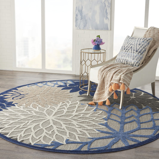 5' Round Blue And Gray Round Floral Indoor Outdoor Area Rug