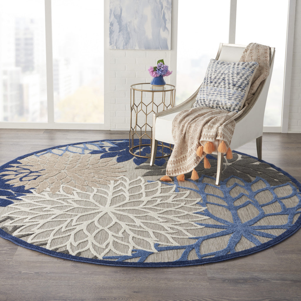 5' Round Blue And Gray Round Floral Indoor Outdoor Area Rug