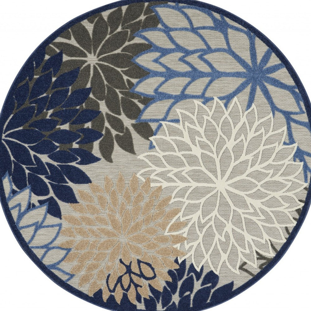 5' Round Blue And Gray Round Floral Indoor Outdoor Area Rug