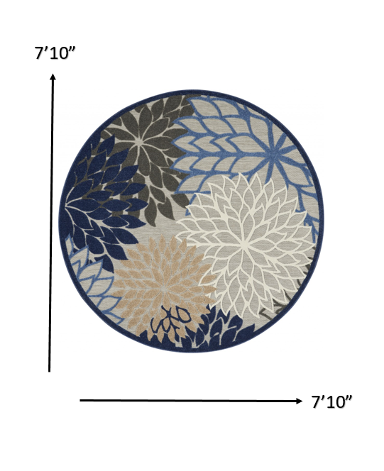 5' Round Blue And Gray Round Floral Indoor Outdoor Area Rug