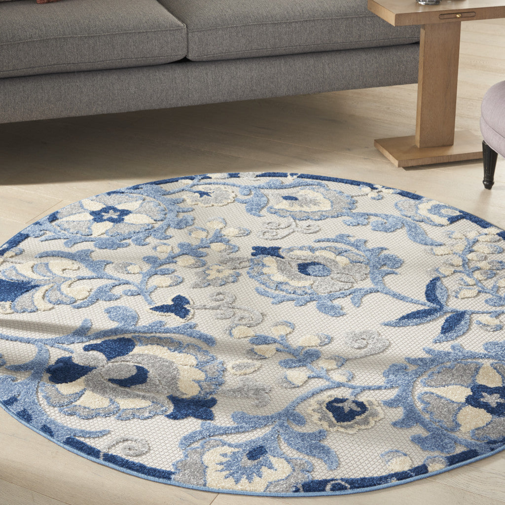 5' Round Blue And Gray Round Floral Indoor Outdoor Area Rug