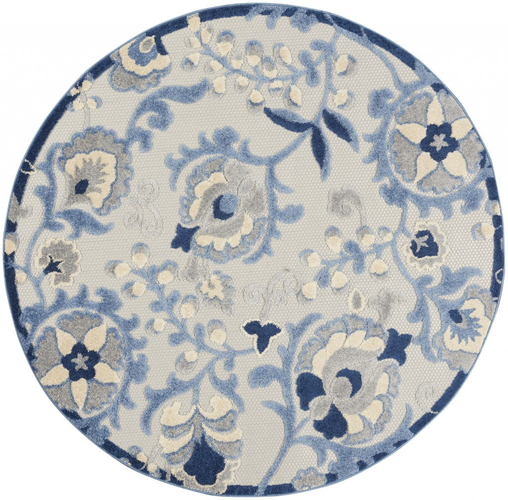 5' Round Blue And Gray Round Floral Indoor Outdoor Area Rug