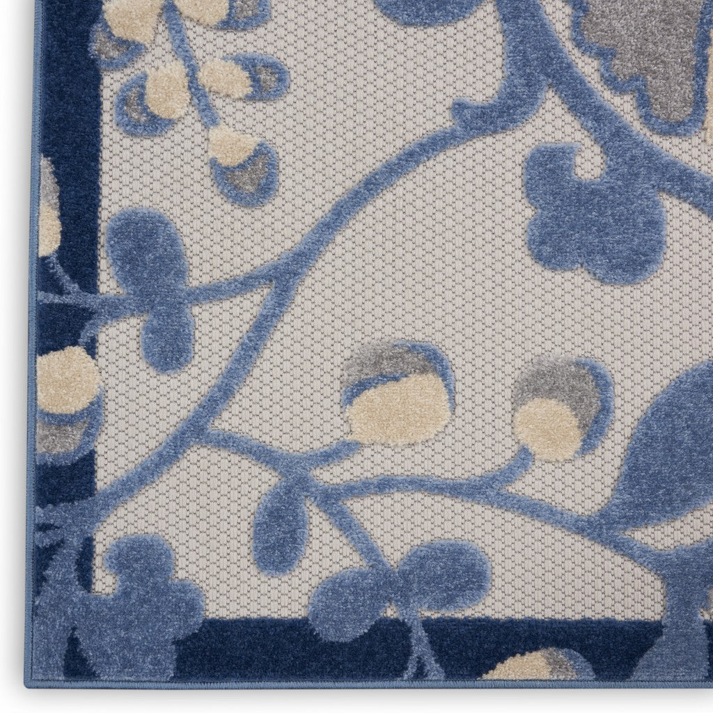 5' Round Blue And Gray Round Floral Indoor Outdoor Area Rug