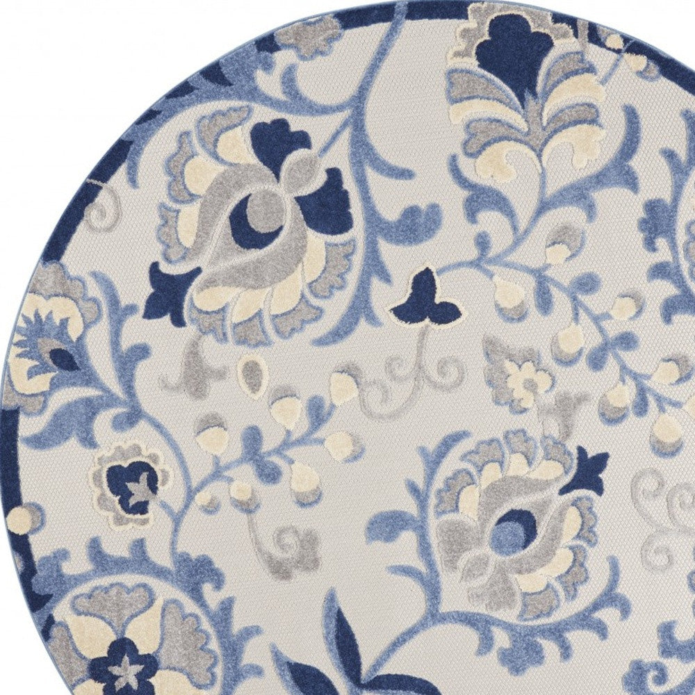 5' Round Blue And Gray Round Floral Indoor Outdoor Area Rug