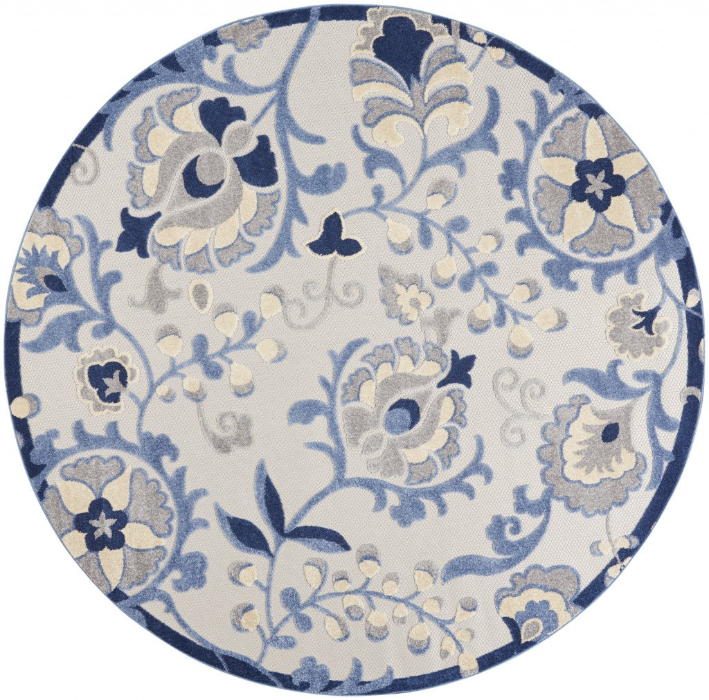 5' Round Blue And Gray Round Floral Indoor Outdoor Area Rug