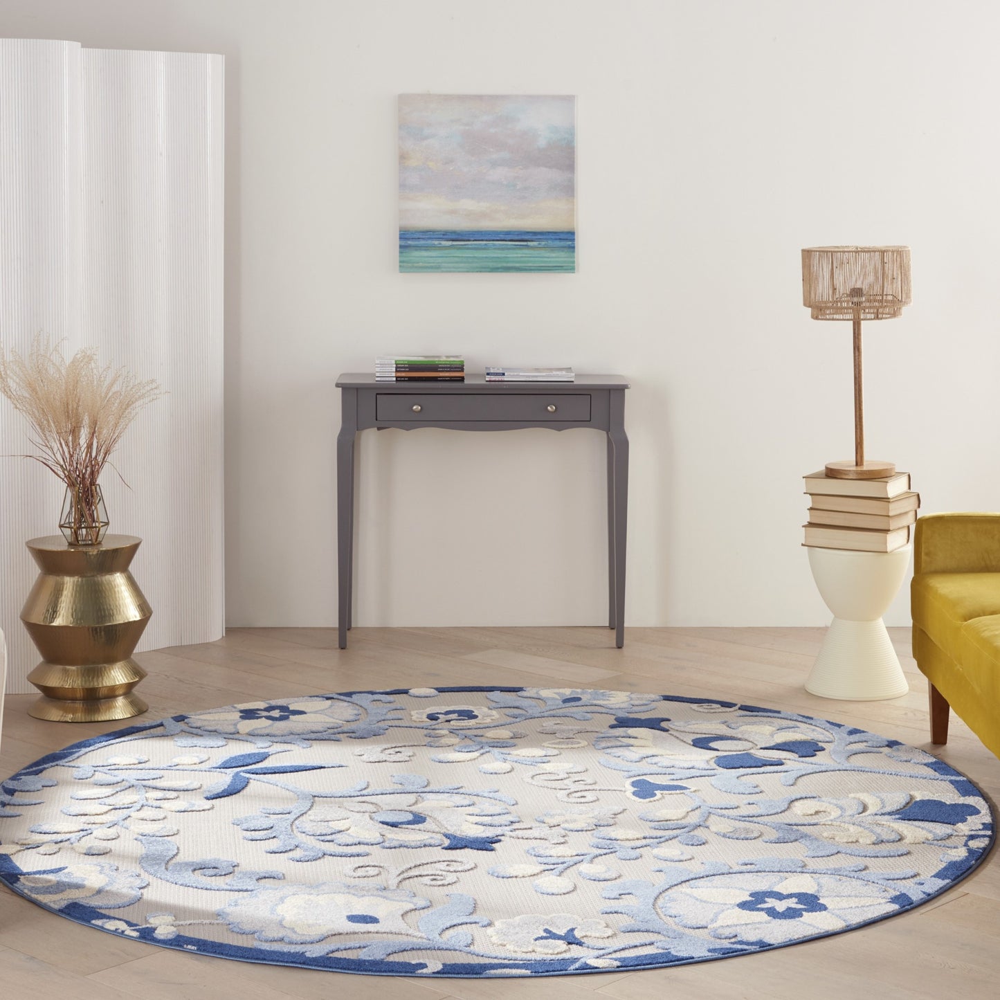 5' Round Blue And Gray Round Floral Indoor Outdoor Area Rug