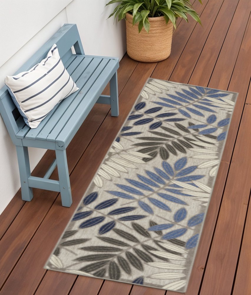 8' Blue And Gray Floral Indoor Outdoor Area Rug