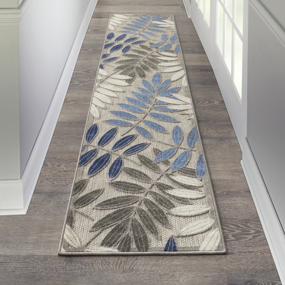 8' X 11' Blue And Gray Floral Indoor Outdoor Area Rug