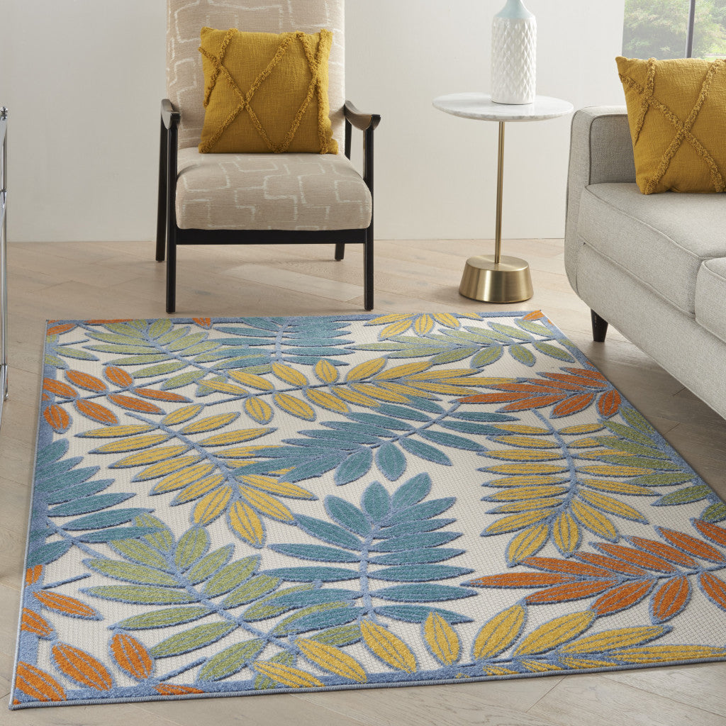 6' X 9' Ivory And Blue Floral Indoor Outdoor Area Rug