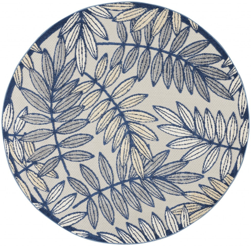 4' Round Ivory And Blue Round Floral Indoor Outdoor Area Rug