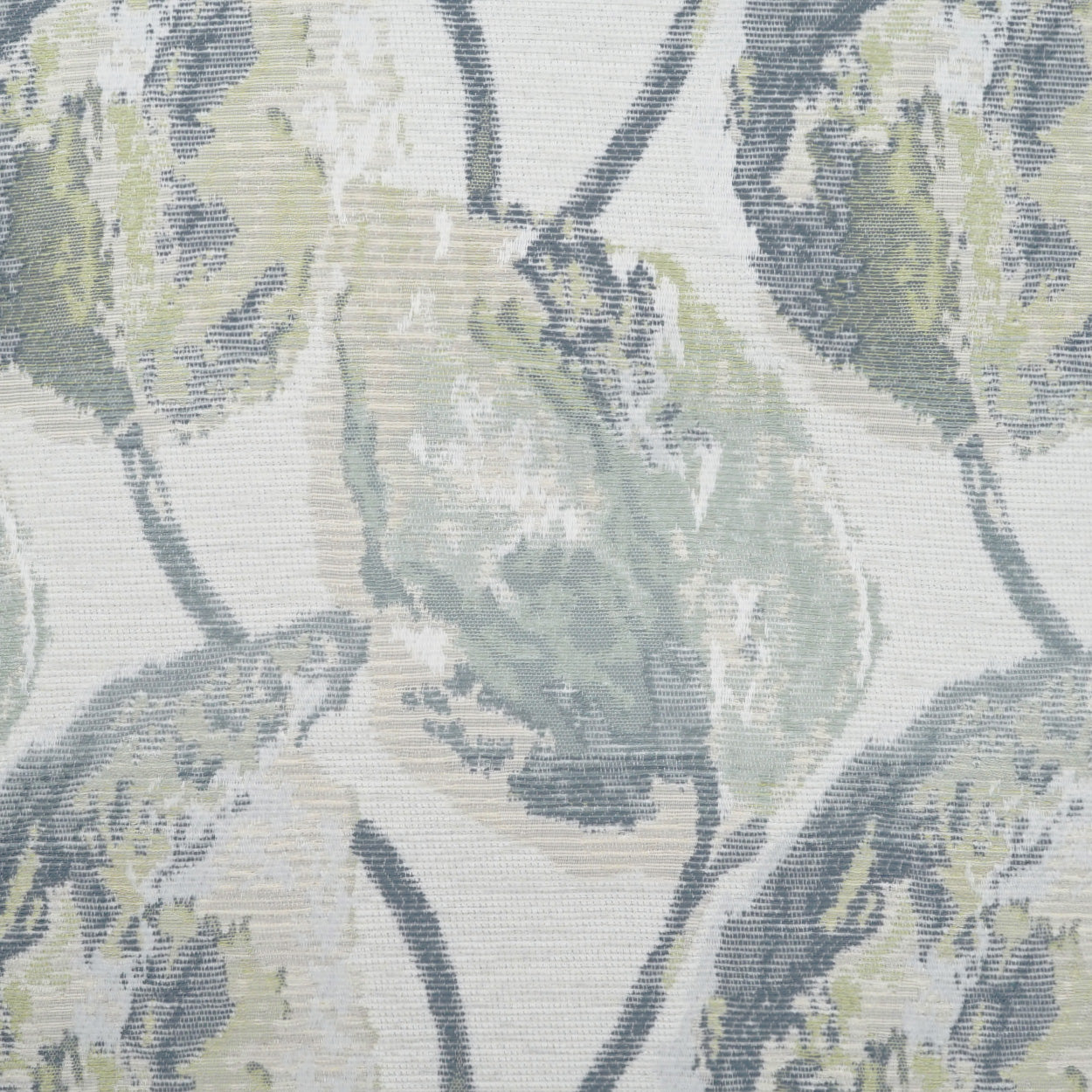 Pastel floral leaf pattern in blues, greens and beige on ivory; woven fabric for drapery or upholstery.