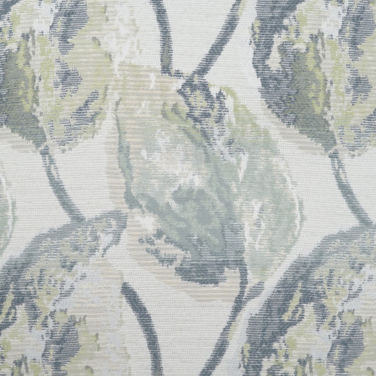Pastel floral leaf pattern in blues, greens and beige on ivory; woven fabric for drapery or upholstery.