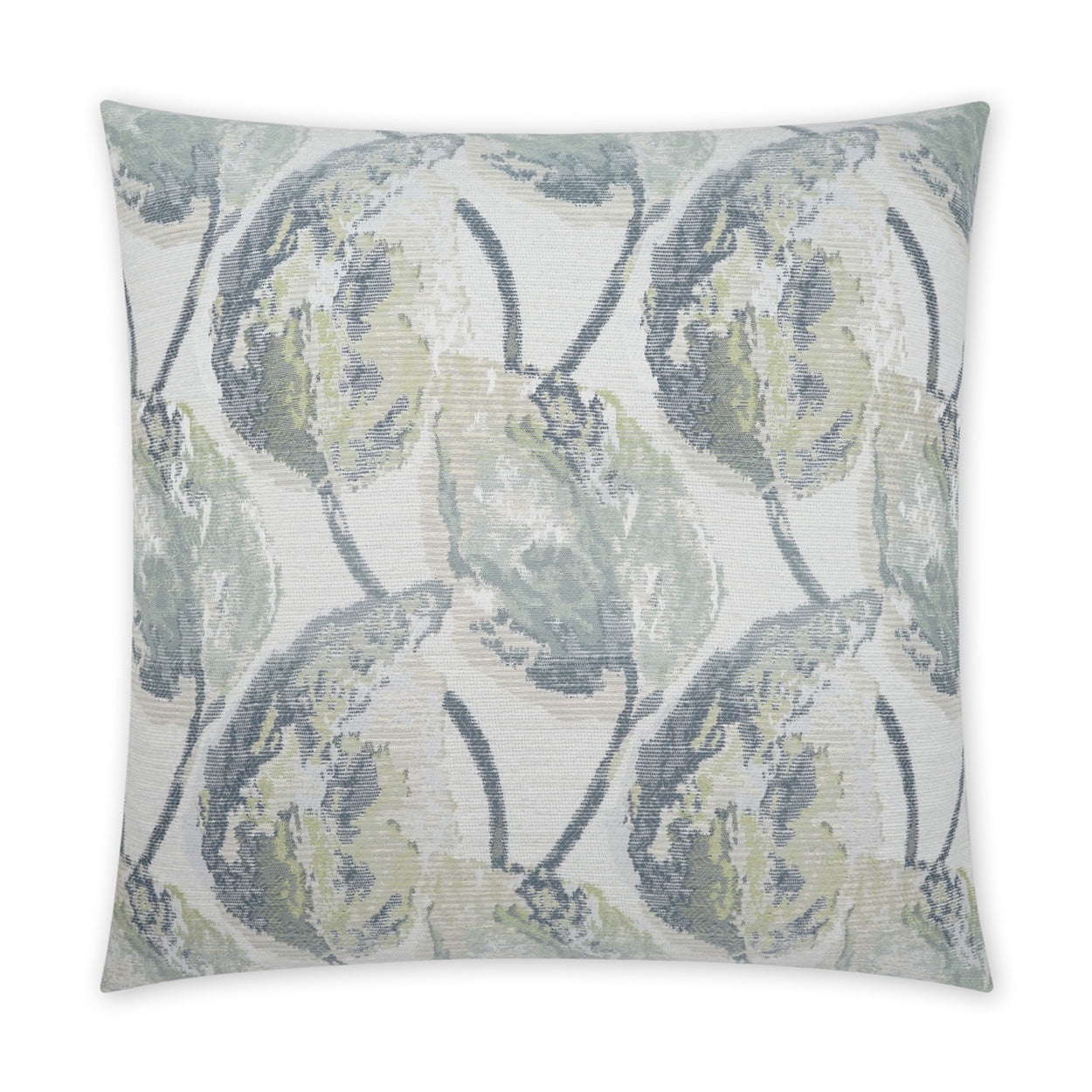 24 x 24 square decorative throw pillow with a muted blue-green leafy jacquard pattern on a light ivory background.