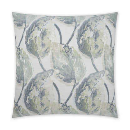 24 x 24 square decorative throw pillow with a muted blue-green leafy jacquard pattern on a light ivory background.