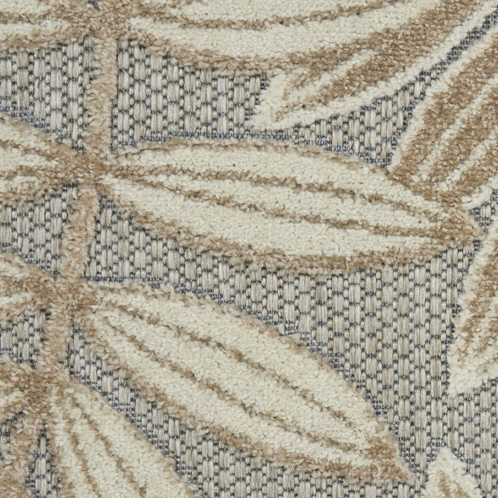 10' Beige Gray And Ivory Botanical Leaves Indoor Outdoor Runner Rug