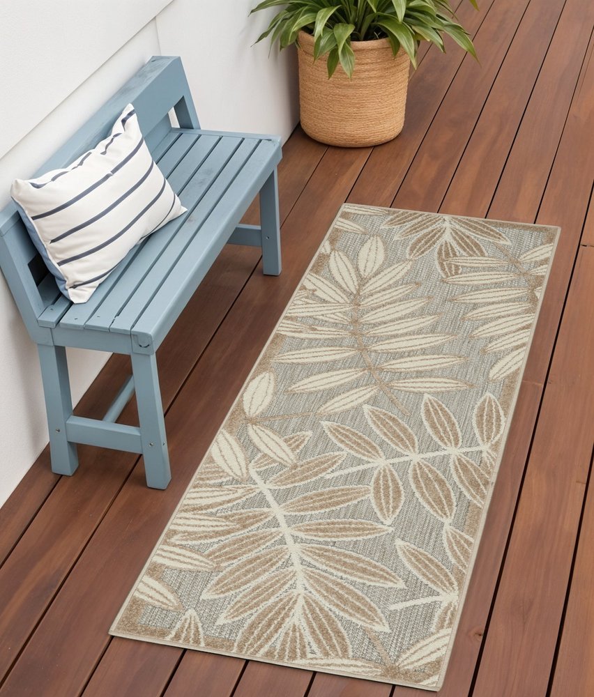 12' Gray And Ivory Floral Indoor Outdoor Runner Rug