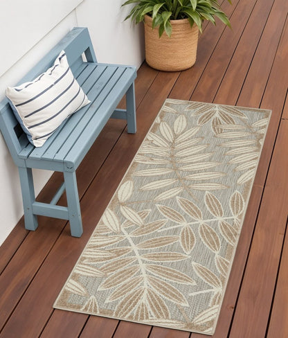 10' Beige Gray And Ivory Botanical Leaves Indoor Outdoor Runner Rug