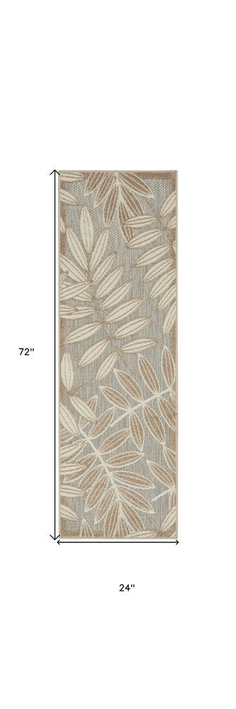 6' Gray And Ivory Floral Indoor Outdoor Runner Rug
