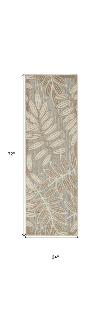 10' Beige Gray And Ivory Botanical Leaves Indoor Outdoor Runner Rug