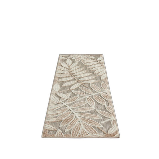 10' Beige Gray And Ivory Botanical Leaves Indoor Outdoor Runner Rug