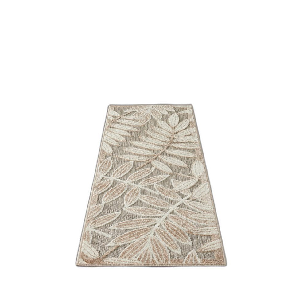 10' Beige Gray And Ivory Botanical Leaves Indoor Outdoor Runner Rug
