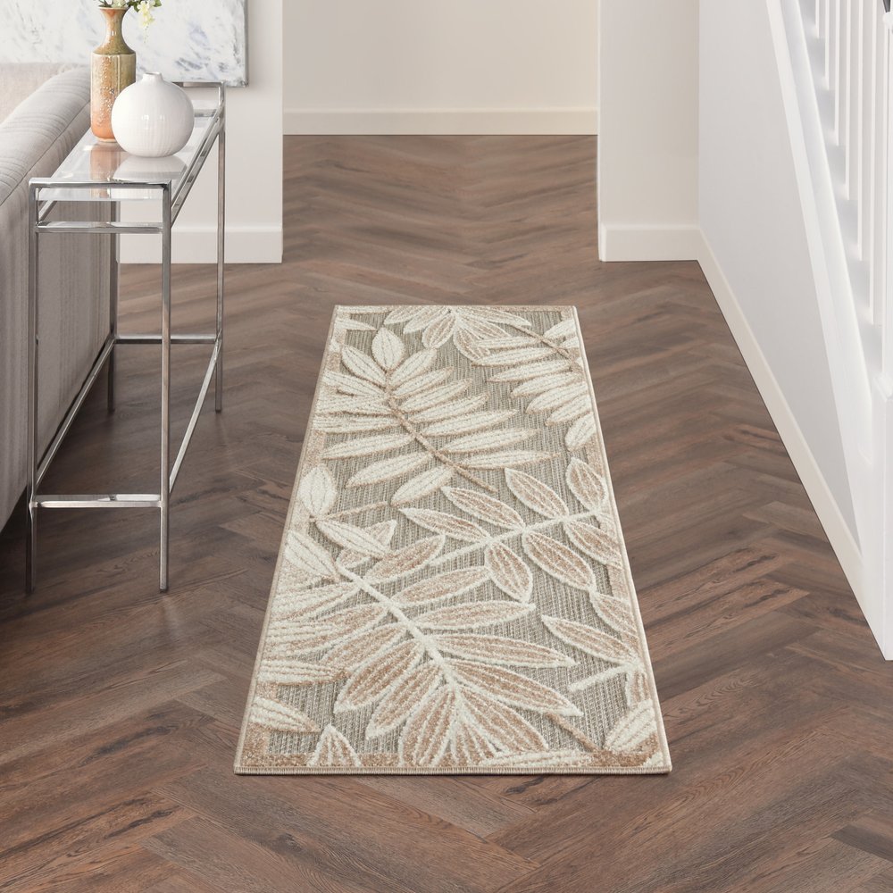10' Beige Gray And Ivory Botanical Leaves Indoor Outdoor Runner Rug