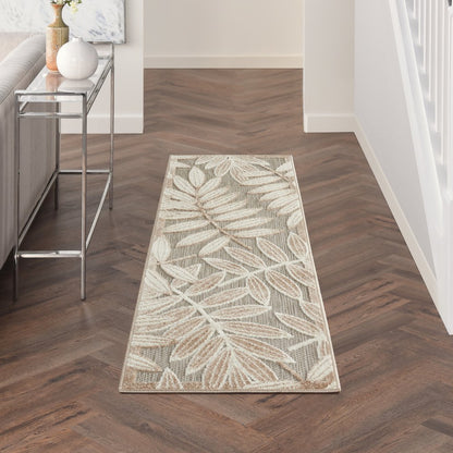 10' Beige Gray And Ivory Botanical Leaves Indoor Outdoor Runner Rug