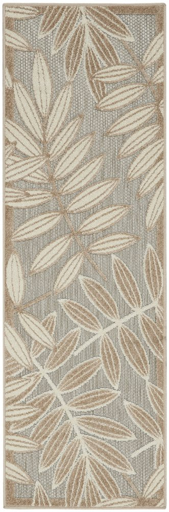 10' Beige Gray And Ivory Botanical Leaves Indoor Outdoor Runner Rug