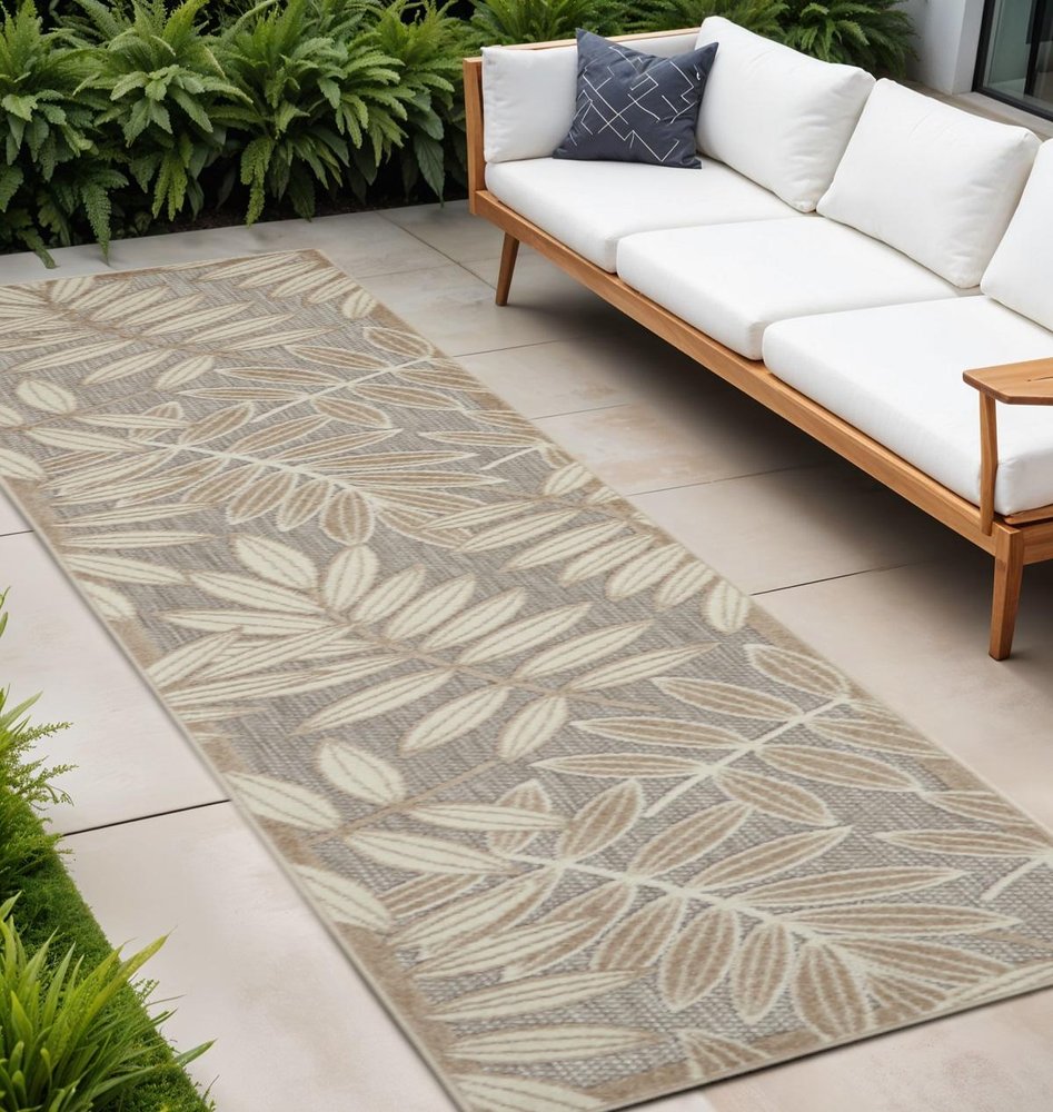 6' Gray And Ivory Floral Indoor Outdoor Runner Rug