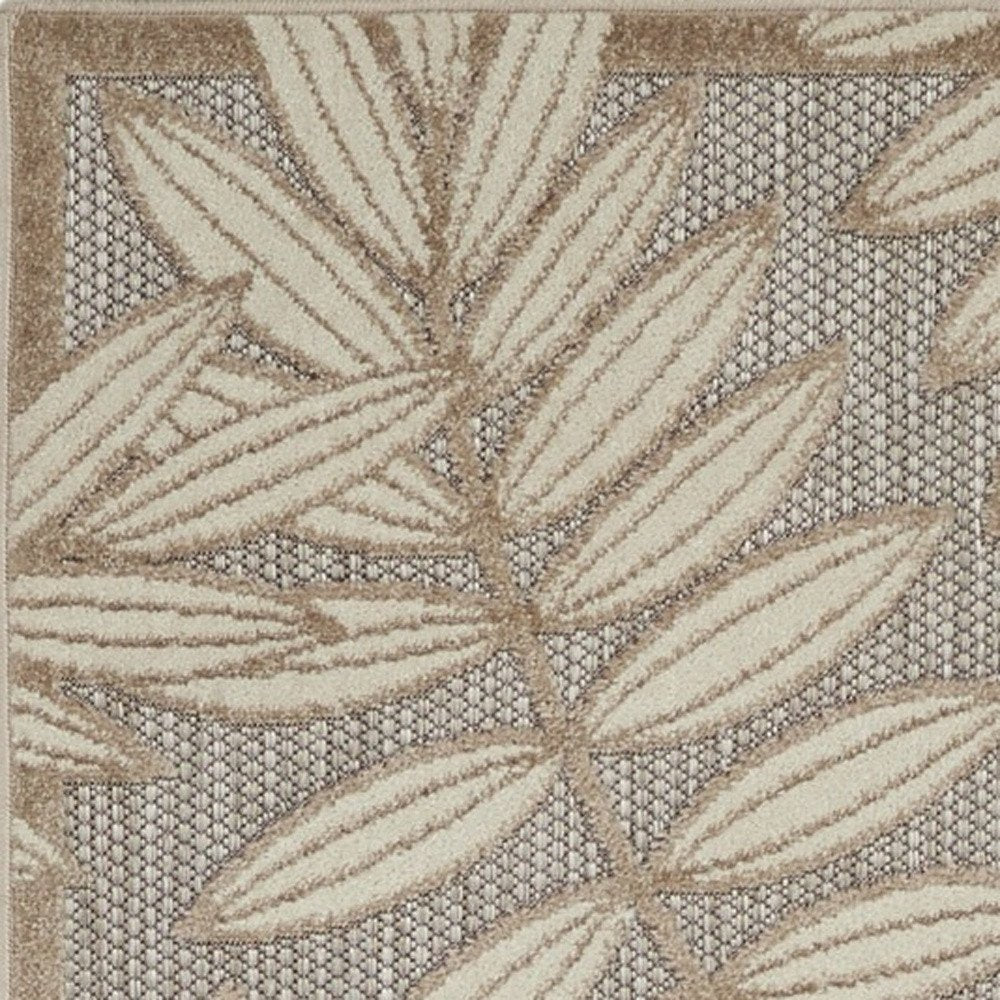 10' Beige Gray And Ivory Botanical Leaves Indoor Outdoor Runner Rug