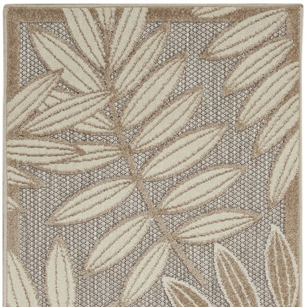 10' Beige Gray And Ivory Botanical Leaves Indoor Outdoor Runner Rug