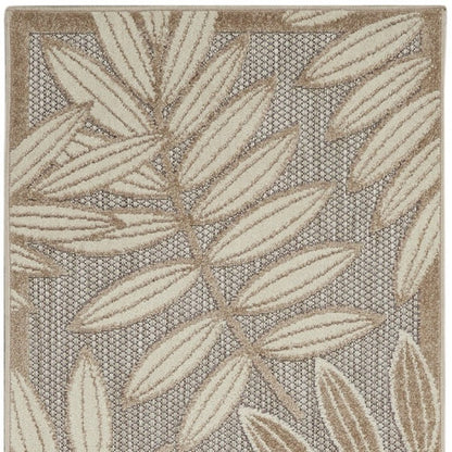 10' Beige Gray And Ivory Botanical Leaves Indoor Outdoor Runner Rug