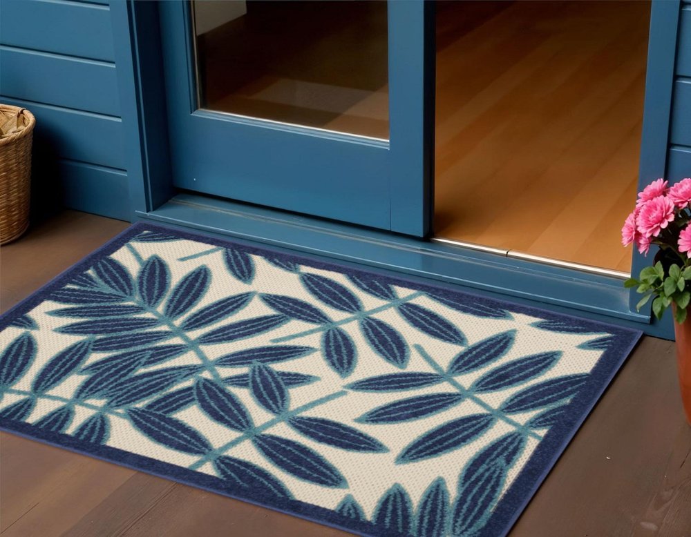 3' X 4' Blue And Ivory Floral Indoor Outdoor Area Rug