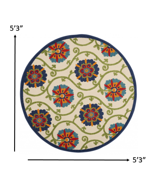 8' Round Ivory And Blue Round Floral Indoor Outdoor Area Rug