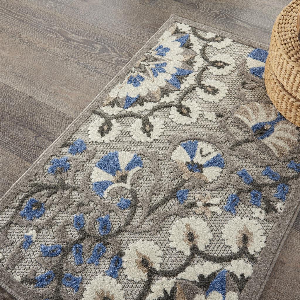 8' X 11' Blue And Gray Floral Indoor Outdoor Area Rug