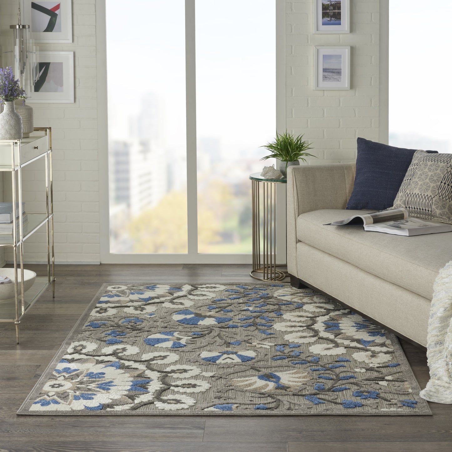 3' X 4' Blue And Gray Floral Indoor Outdoor Area Rug