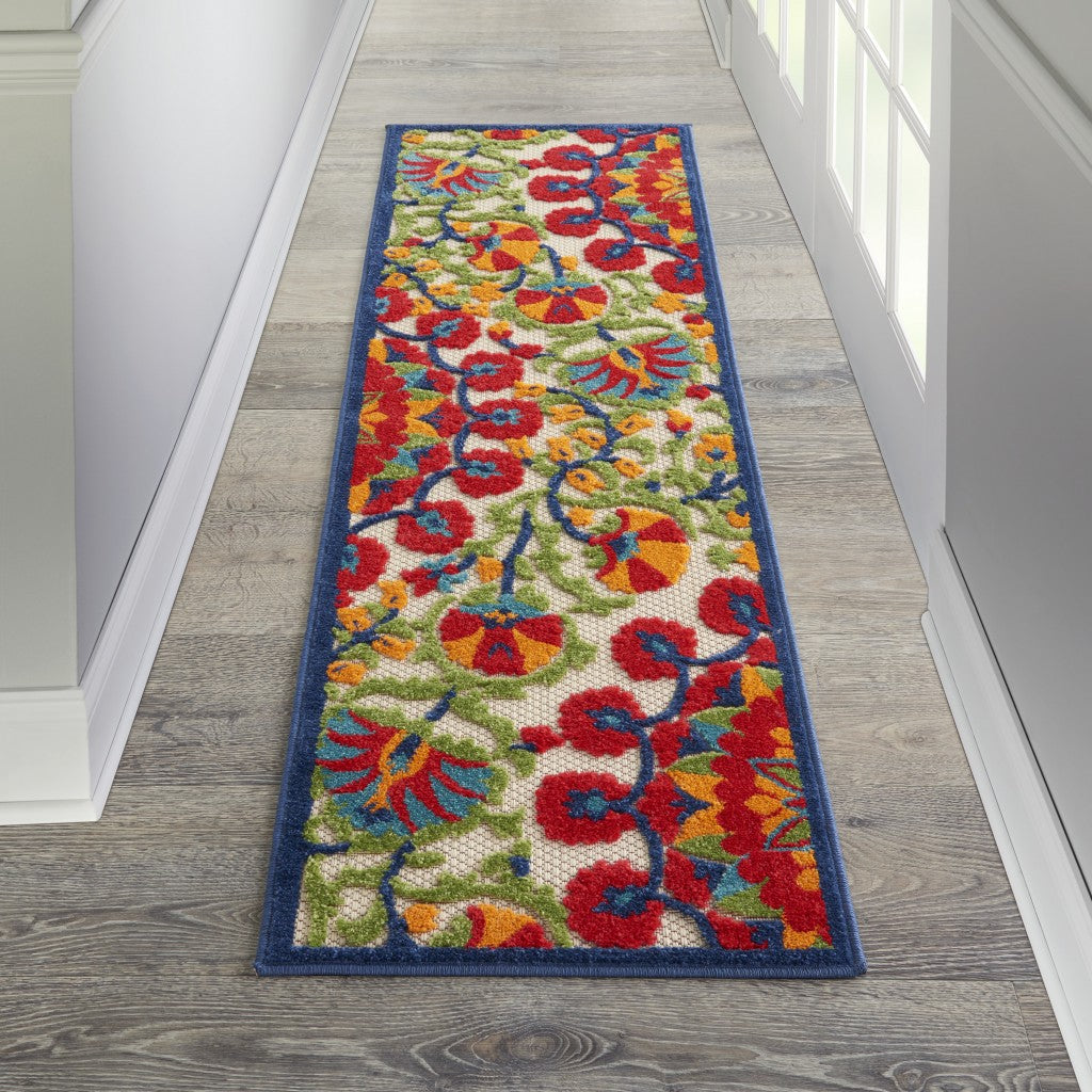 2' X 8' Red And Ivory Floral Indoor Outdoor Area Rug