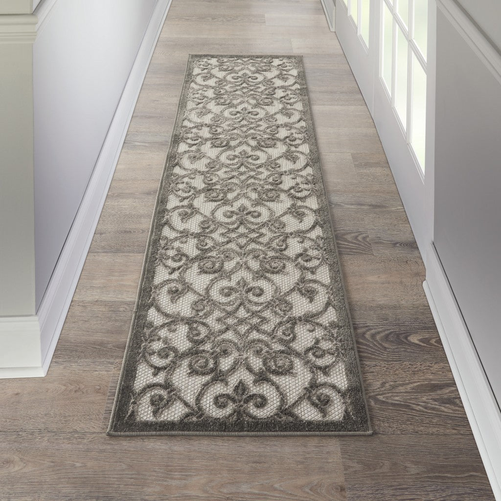 2' X 6' Gray Floral Indoor Outdoor Area Rug