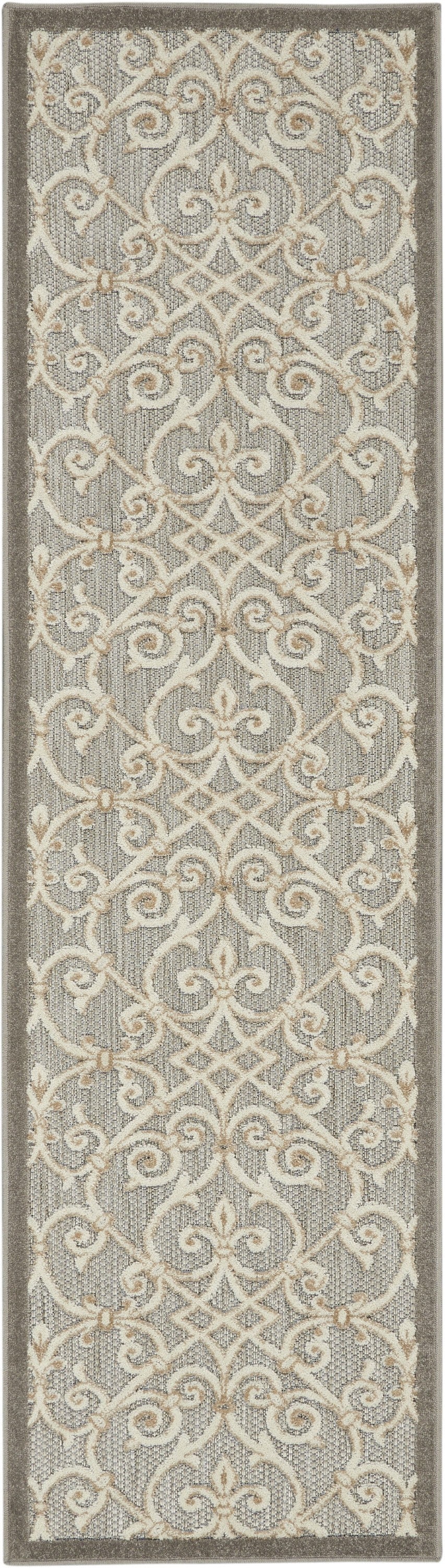 2' X 10' Gray And Ivory Floral Indoor Outdoor Area Rug