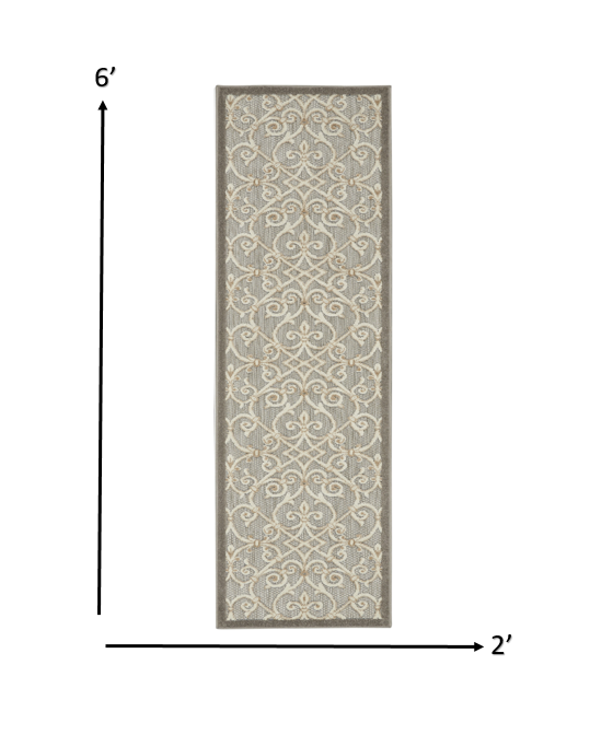 2' X 8' Gray And Ivory Floral Indoor Outdoor Area Rug