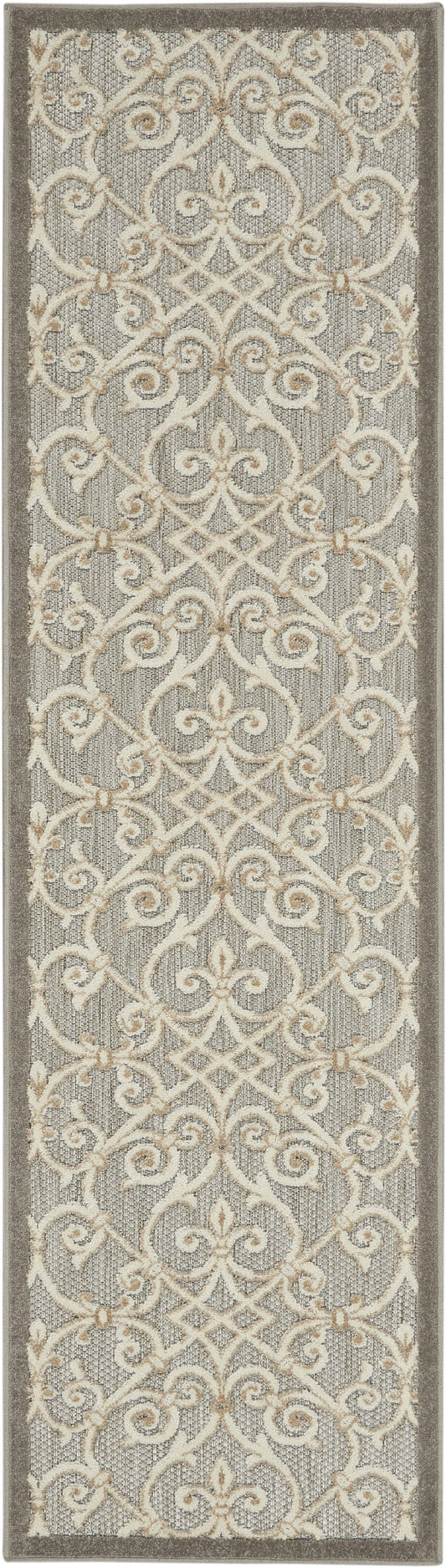 2' X 6' Gray And Ivory Floral Indoor Outdoor Area Rug