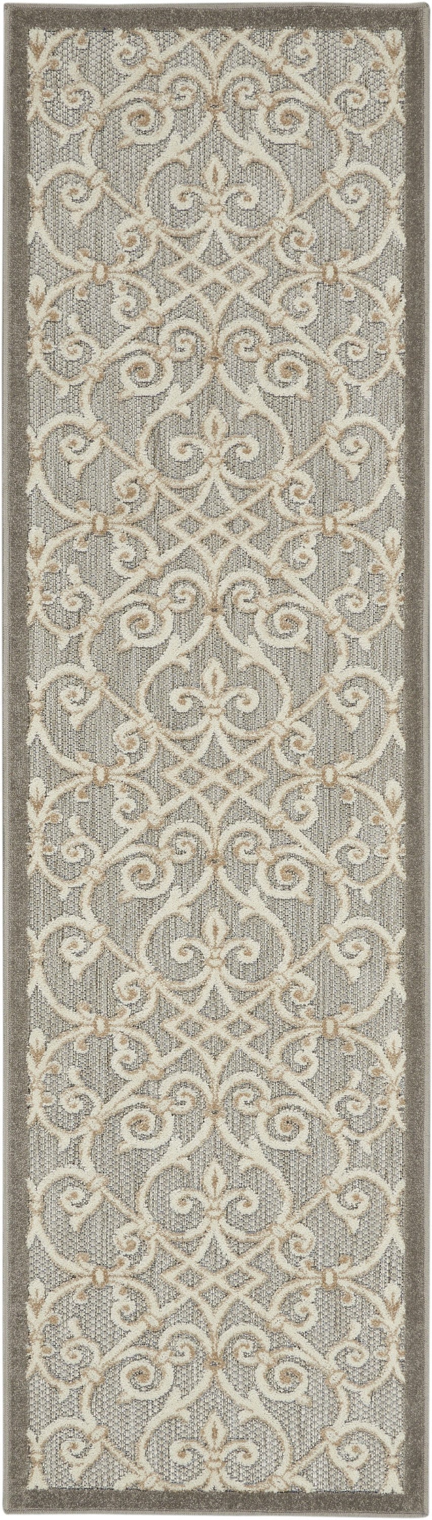 2' X 10' Gray And Ivory Floral Indoor Outdoor Area Rug